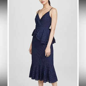 Yumi Kim Anthropologie Eyelet Dynasty Ruffle Peplum Midi Navy Dress Women XS NWT